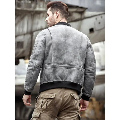 Mens Grey A2 Airforce Flight Sheepskin Shearling Motorcycle Jacket