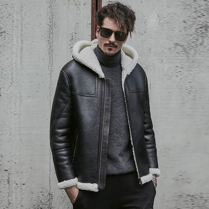 Men’s Black Sheepskin Leather White Shearling Jacket with Hood - Stylish & Cozy