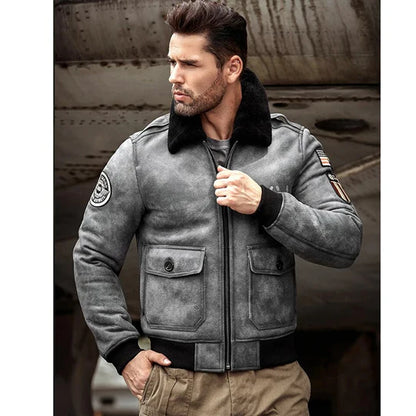 Mens Grey B3 RAF Flight Shearling Leather Jacket