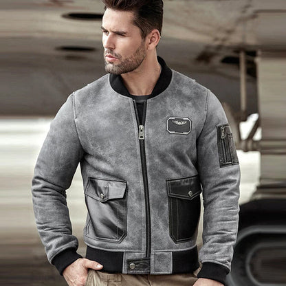 Mens Grey A2 Airforce Flight Sheepskin Shearling Motorcycle Jacket