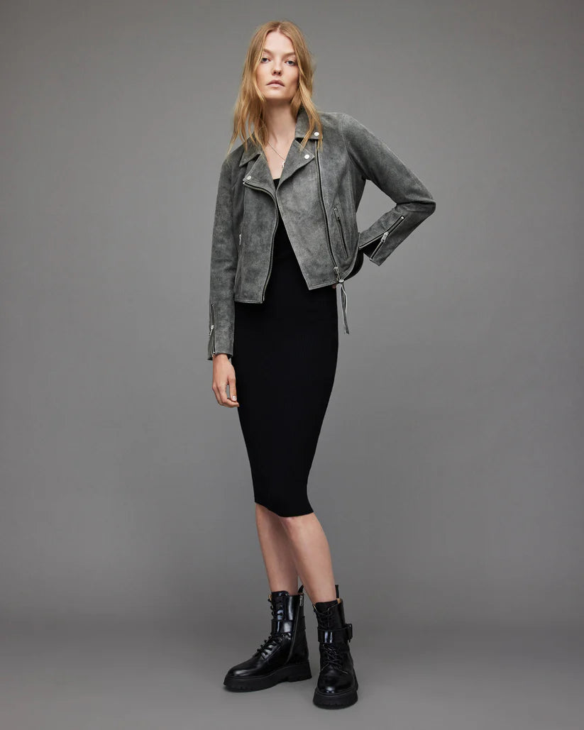 Women's Grey Suede Leather Biker Jacket