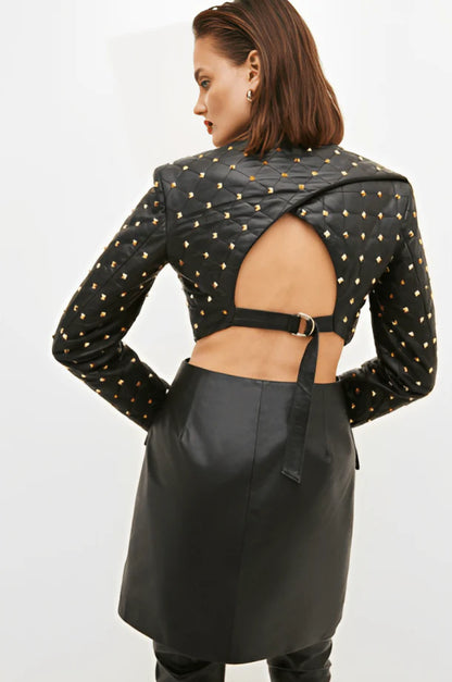 Black Quilted Studded Leather Blazer