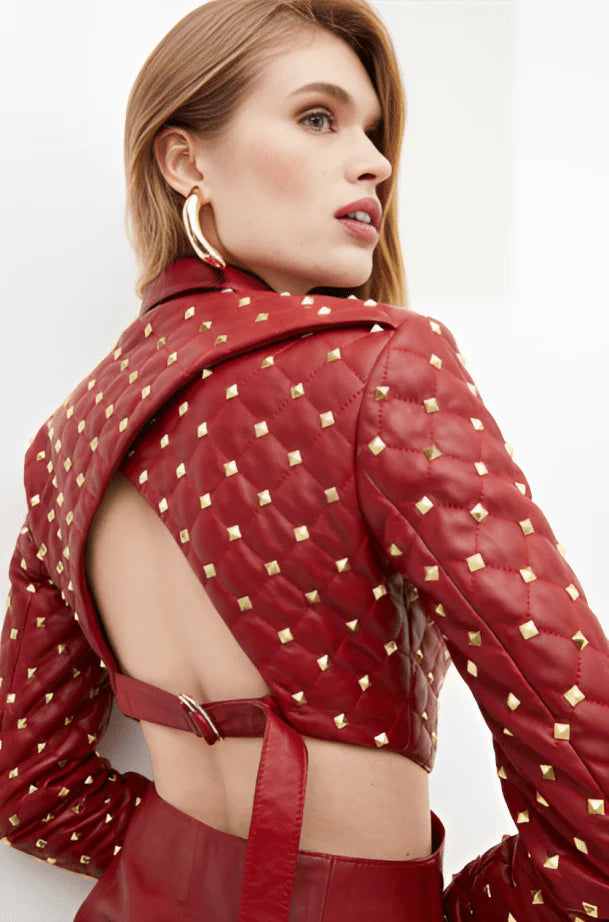 Red Quilted Studded Leather Blazer