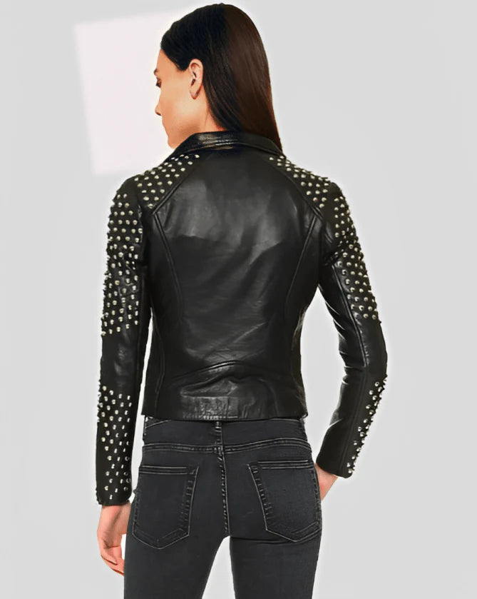 Women's Studded Black Leather Biker Jacket