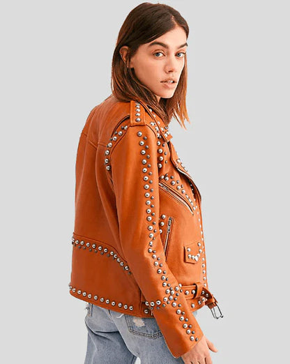 Studded Leather Biker Jacket in Tan Brown