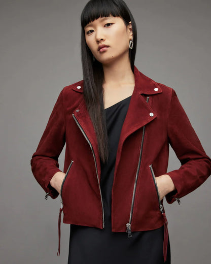 Women's Red Suede Leather Biker Jacket