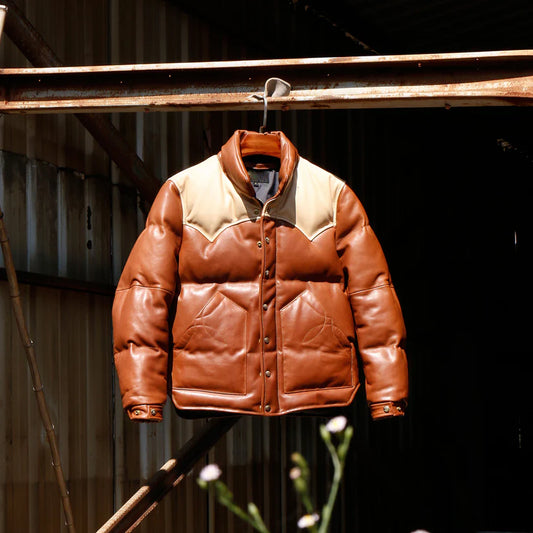 Rust Designer Puffer Leather Jacket – Warm & Stylish