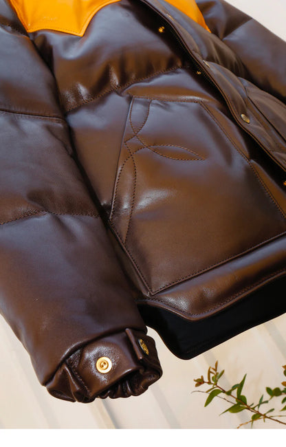 Brown Designer Puffer Leather Jacket – Luxe & Stylish