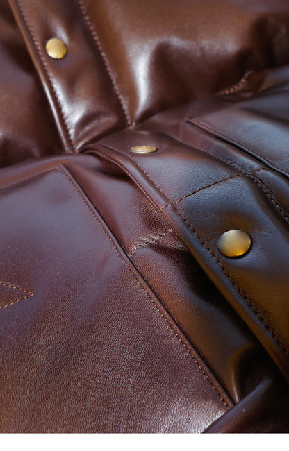 Brown Designer Puffer Leather Jacket – Luxe & Stylish