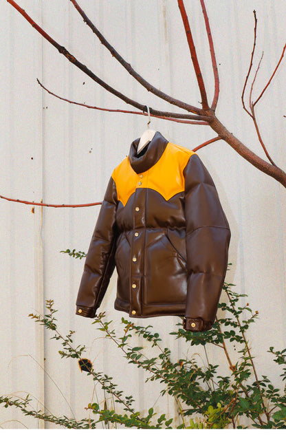 Brown Designer Puffer Leather Jacket – Luxe & Stylish