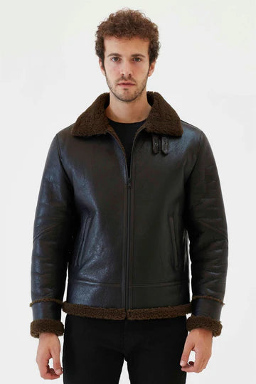 Men Aviator Tobacco Brown Shearling Jacket