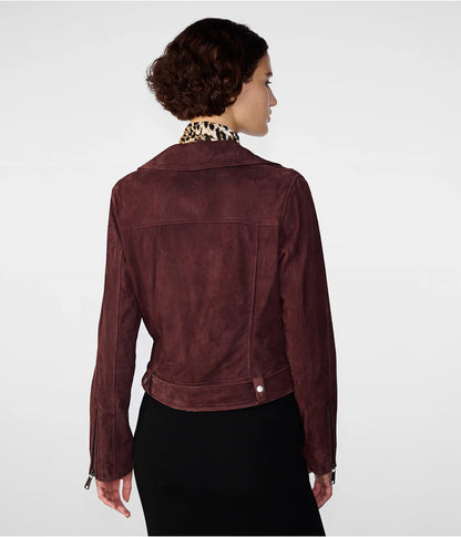 Women's Maroon Suede Leather Biker Jacket