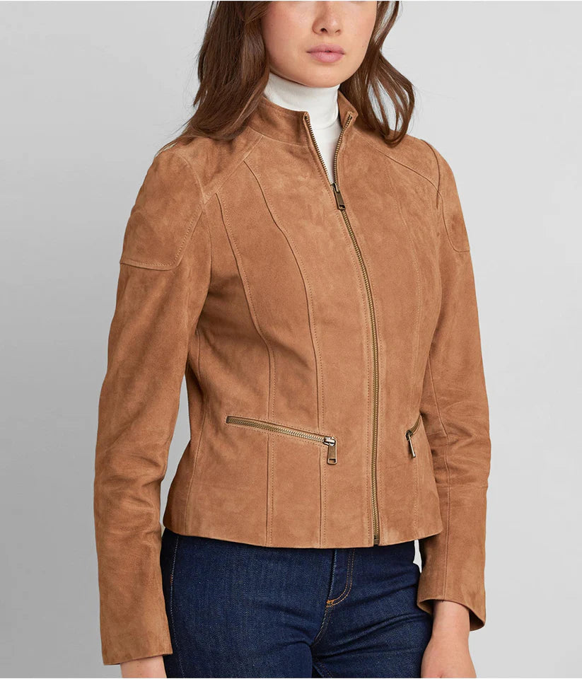 Women's Tan Brown Leather Biker Jacket