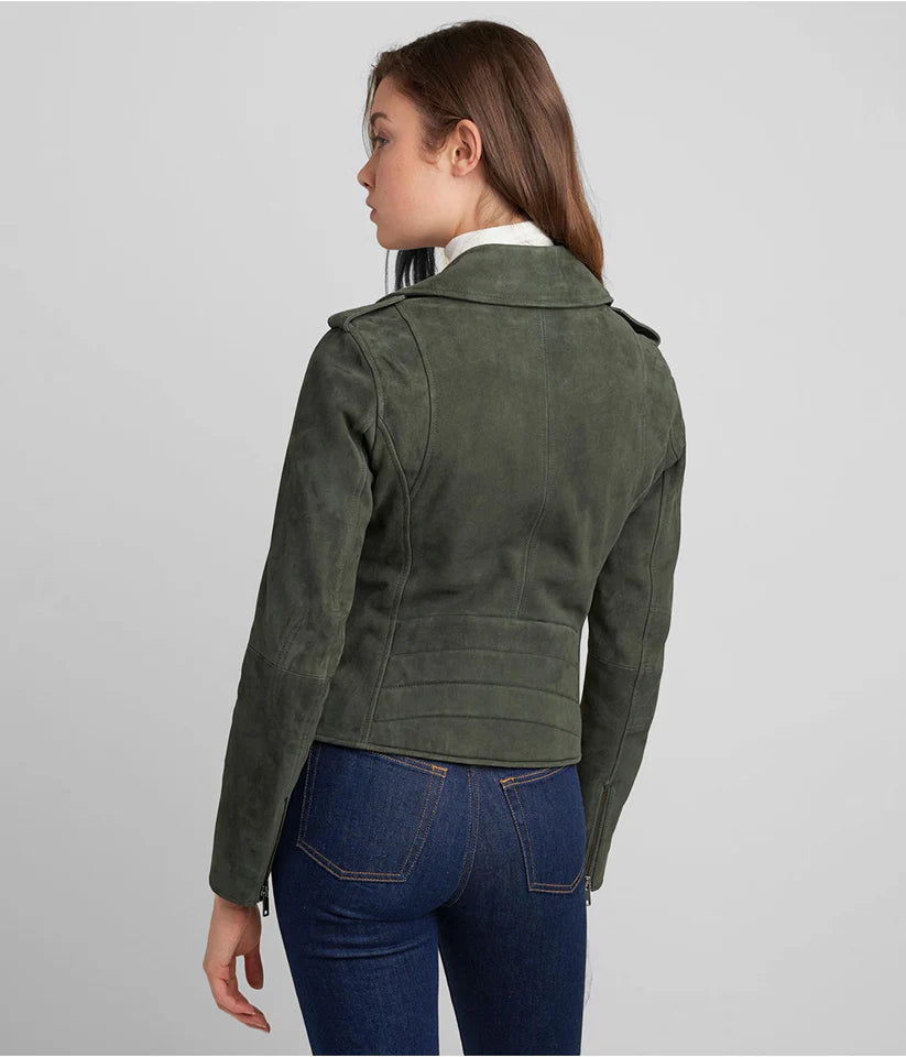 Women's Olive Suede Leather Moto Jacket