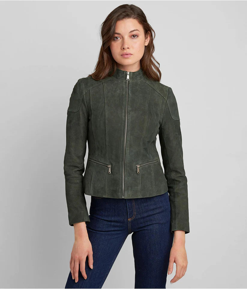 Women's Olive Green Suede Leather Biker Jacket