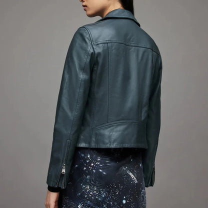 Leather Biker Jacket In Emerald Green