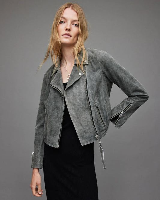 Women's Grey Suede Leather Biker Jacket