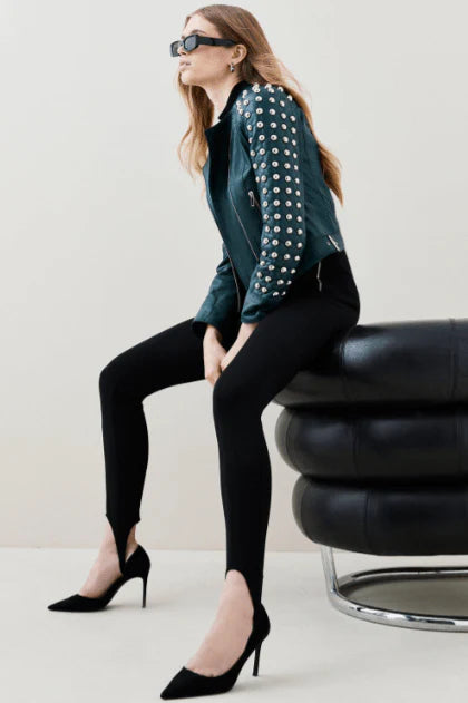 Quilted Studded Leather Jacket in Jade Green