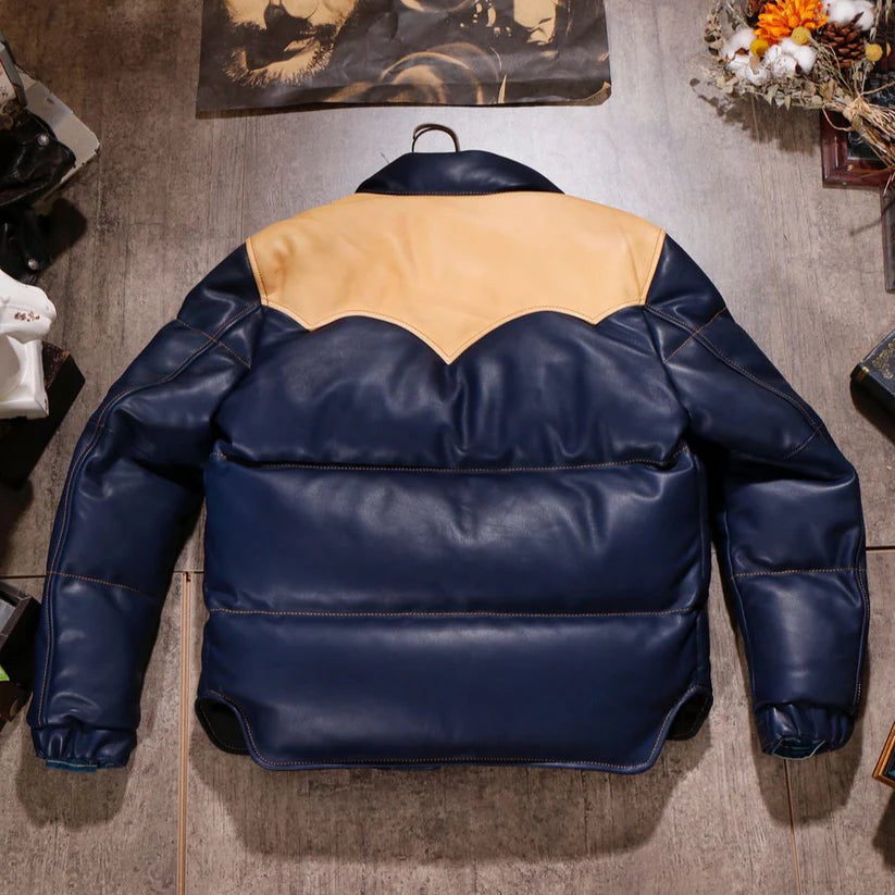 Blue Designer Puffer Leather Jacket – Chic & Modern