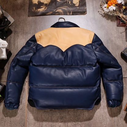 Blue Designer Puffer Leather Jacket – Chic & Modern