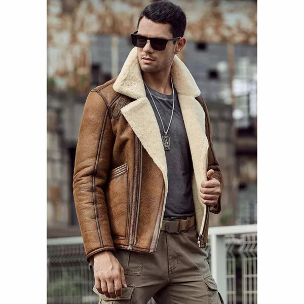 Men’s Tan Brown Leather Shearling Jacket - Timeless & Stylish