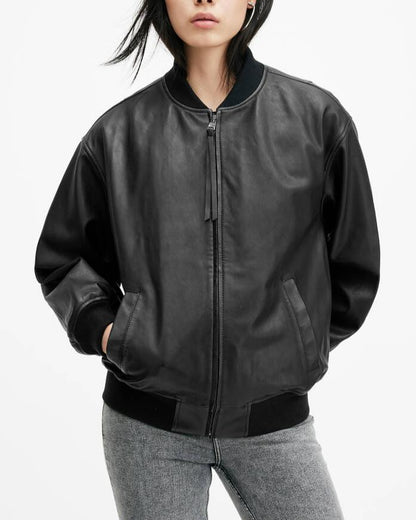 Oversized Leather Bomber Jacket for Women