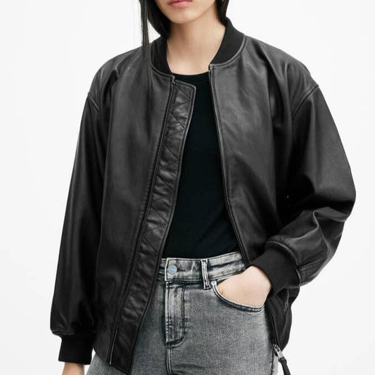 Oversized Leather Bomber Jacket for Women