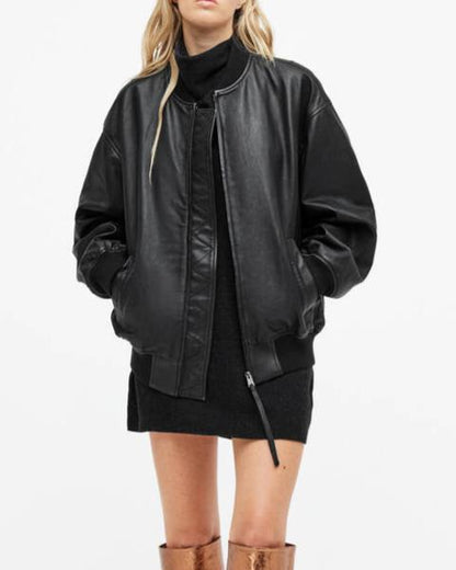 Oversized Leather Bomber Jacket for Women