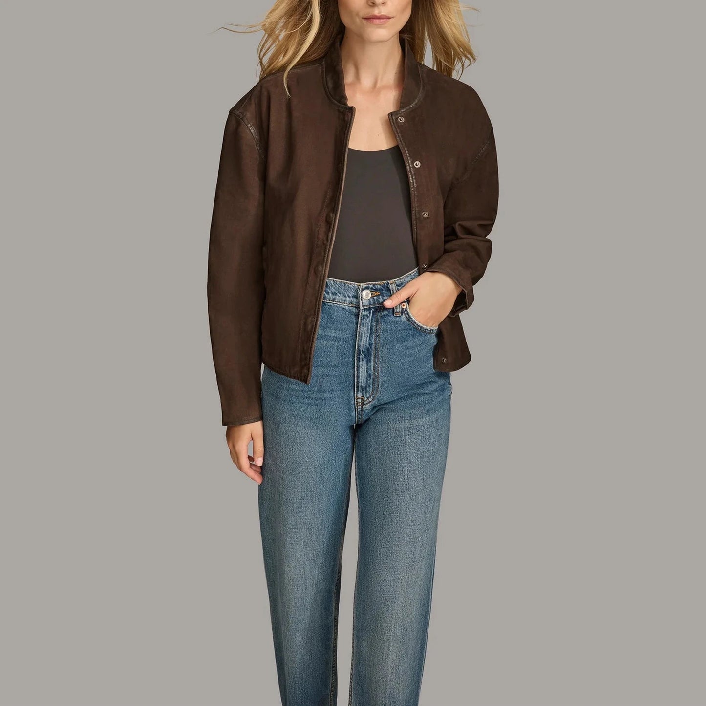 Dark Brown Leather Bomber Jacket for Women