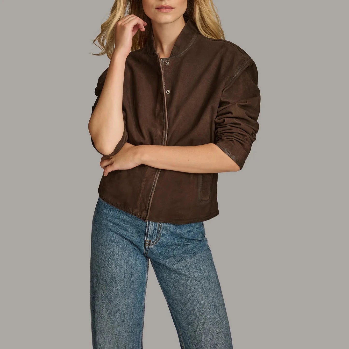 Dark Brown Leather Bomber Jacket for Women