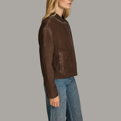 Dark Brown Leather Bomber Jacket for Women