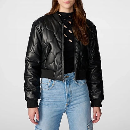 Leather Quilted Cropped Bomber Jacket for Women