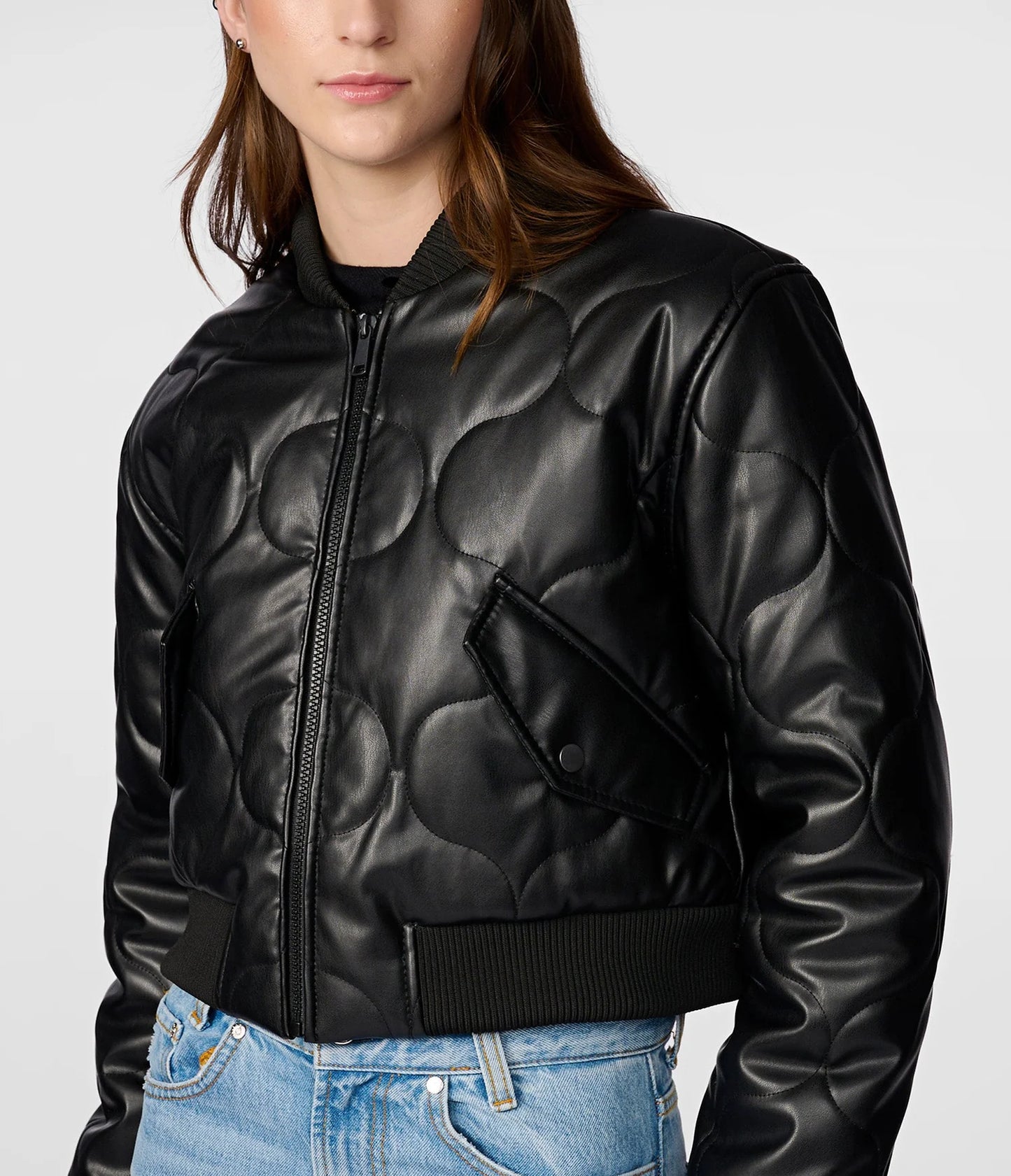 Leather Quilted Cropped Bomber Jacket for Women