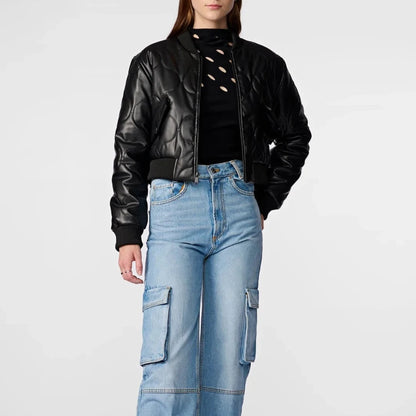 Leather Quilted Cropped Bomber Jacket for Women