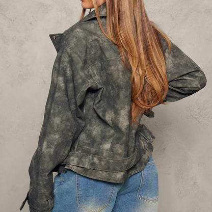 Charcoal Distressed Leather Oversized Biker Jacket