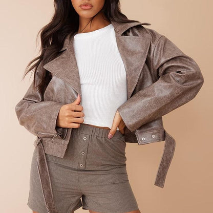 Brown Distressed Leather Belted Relaxed Fit Biker Jacket