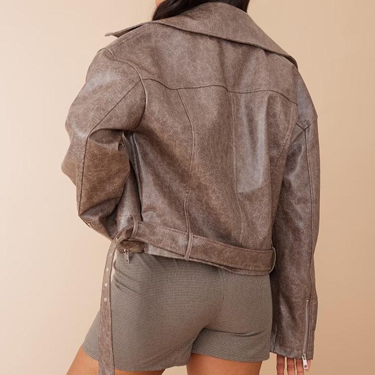 Brown Distressed Leather Belted Relaxed Fit Biker Jacket