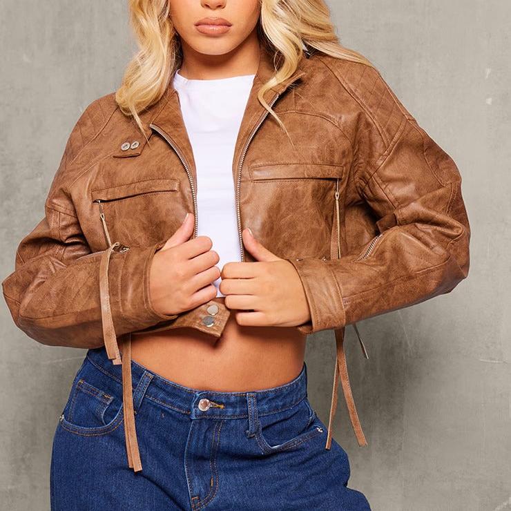 Brown Leather Distressed Cropped Biker Jacket