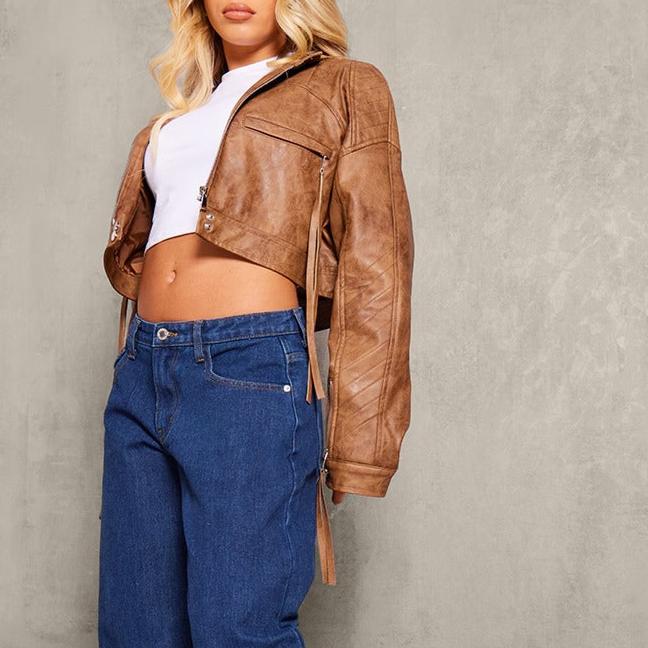 Brown Leather Distressed Cropped Biker Jacket