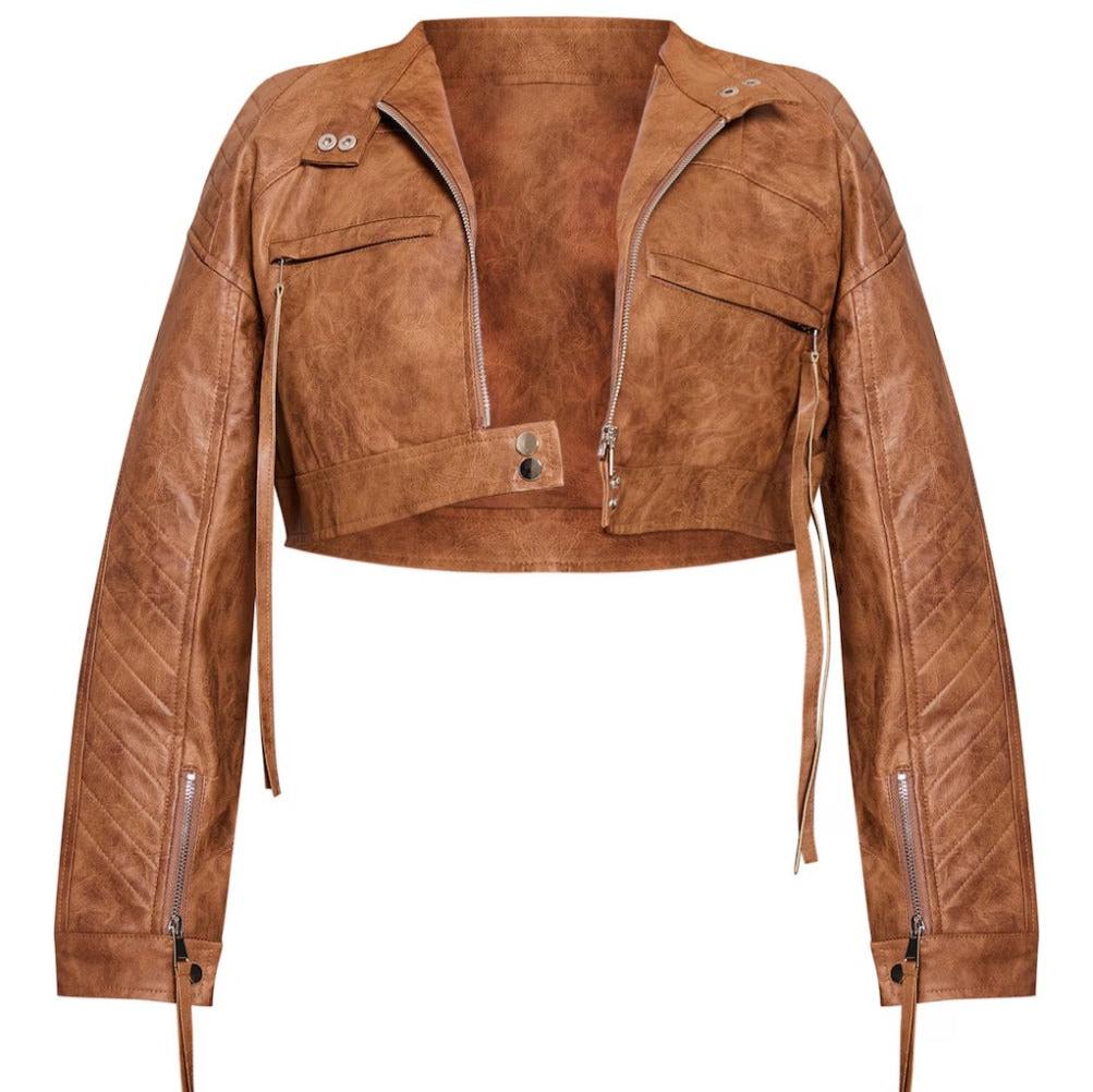 Brown Leather Distressed Cropped Biker Jacket