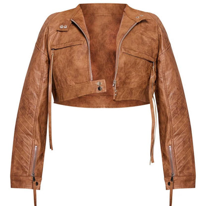 Brown Leather Distressed Cropped Biker Jacket