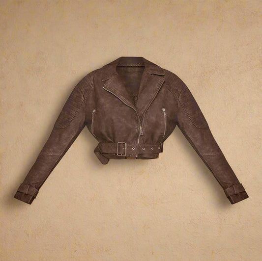 Brown Textured Leather Biker Jacket