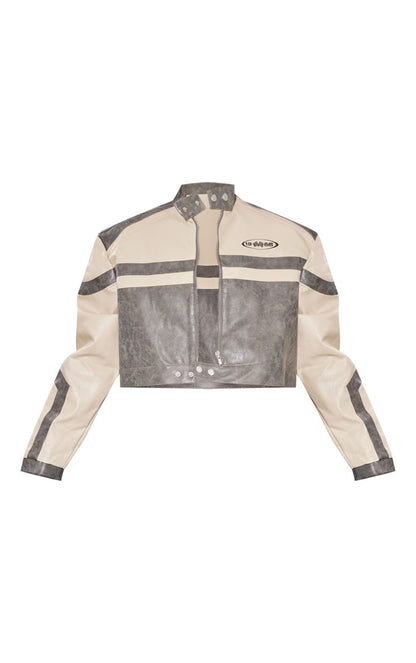 Stone Color Distressed Leather Biker Jacket