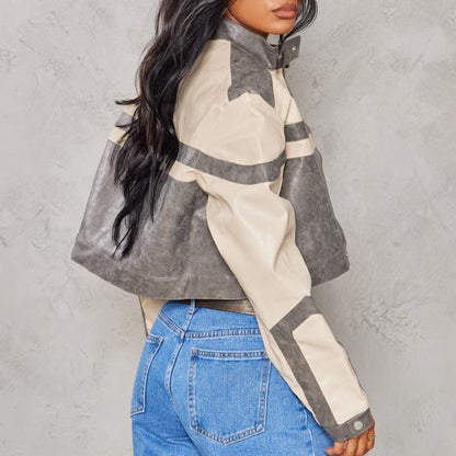 Stone Color Distressed Leather Biker Jacket