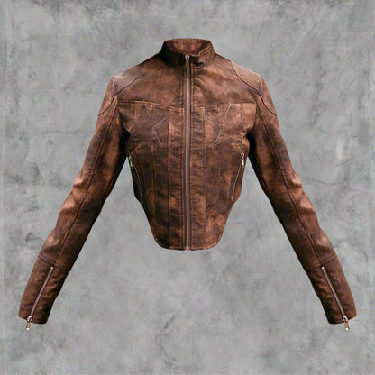 Brown Distressed Leather Biker Jacket with Star Embroidery