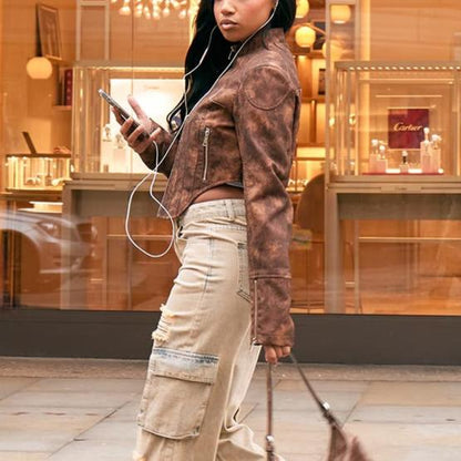 Brown Distressed Leather Biker Jacket with Star Embroidery