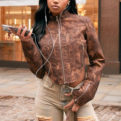 Brown Distressed Leather Biker Jacket with Star Embroidery