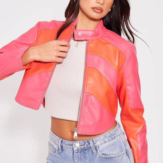 Pink Asymmetric Lines Leather Crop Jacket