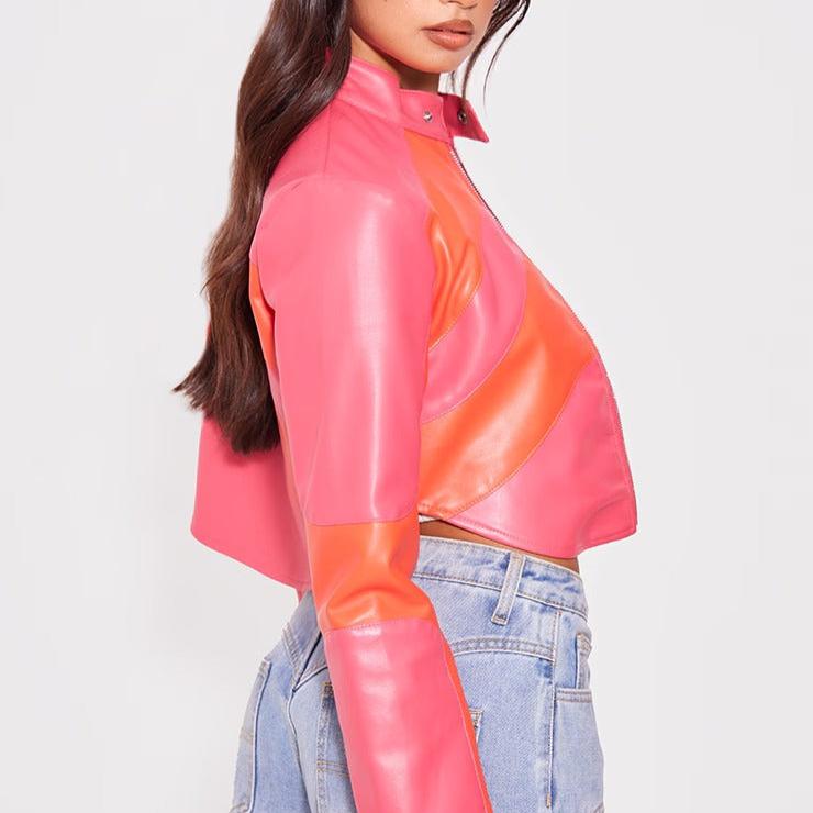 Pink Asymmetric Lines Leather Crop Jacket