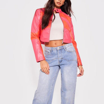 Pink Asymmetric Lines Leather Crop Jacket